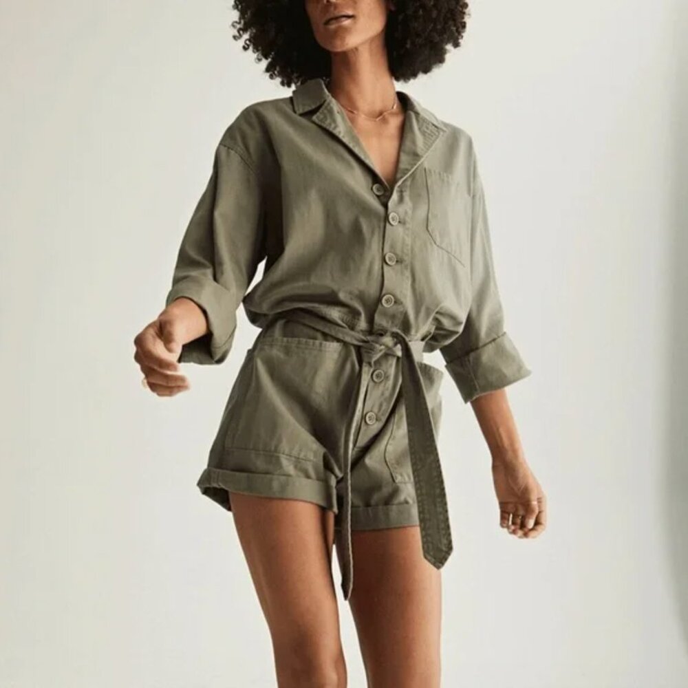 Olive Drab Green Pistola Long Sleeve Shorts Romper M - Picture 1 of 7